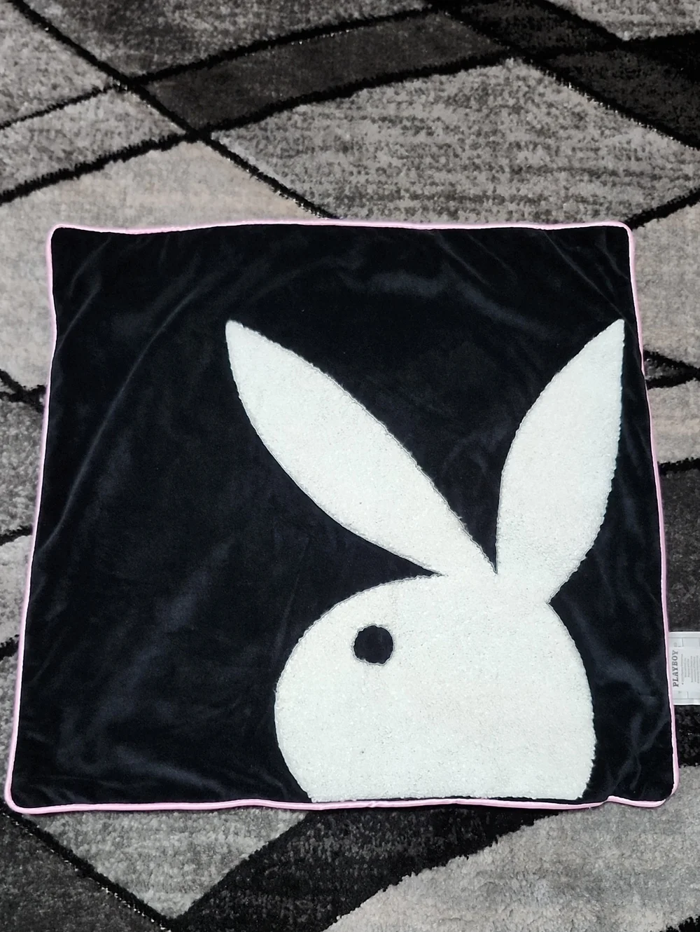 PLAYBOY BUNNY EMBROIDERED BUNNY/DOUBLE SIDED MONOGRAM BLACK SQUARE PILLOW-CASE